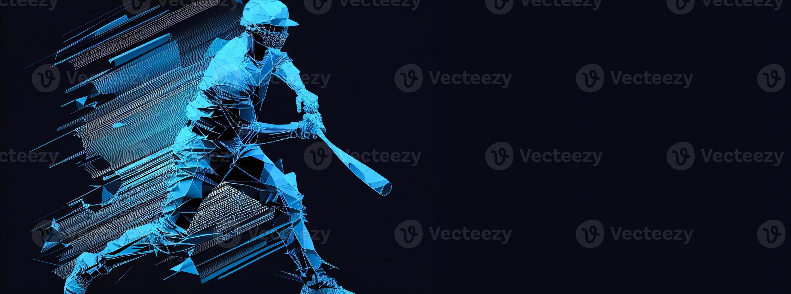 Abstract silhouette of a baseball player on blue background. Baseball player batter hits the ball. illustration AI photo