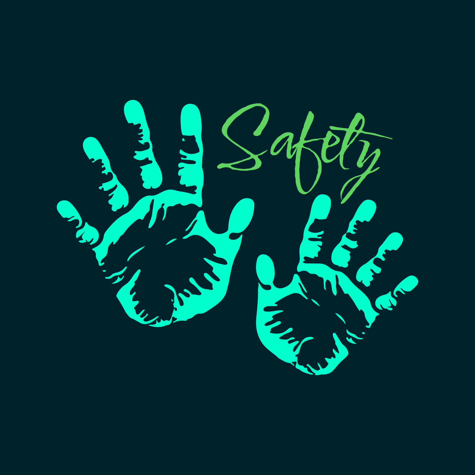 Child's handprint with 'Safety' text on dark background. Perfect for