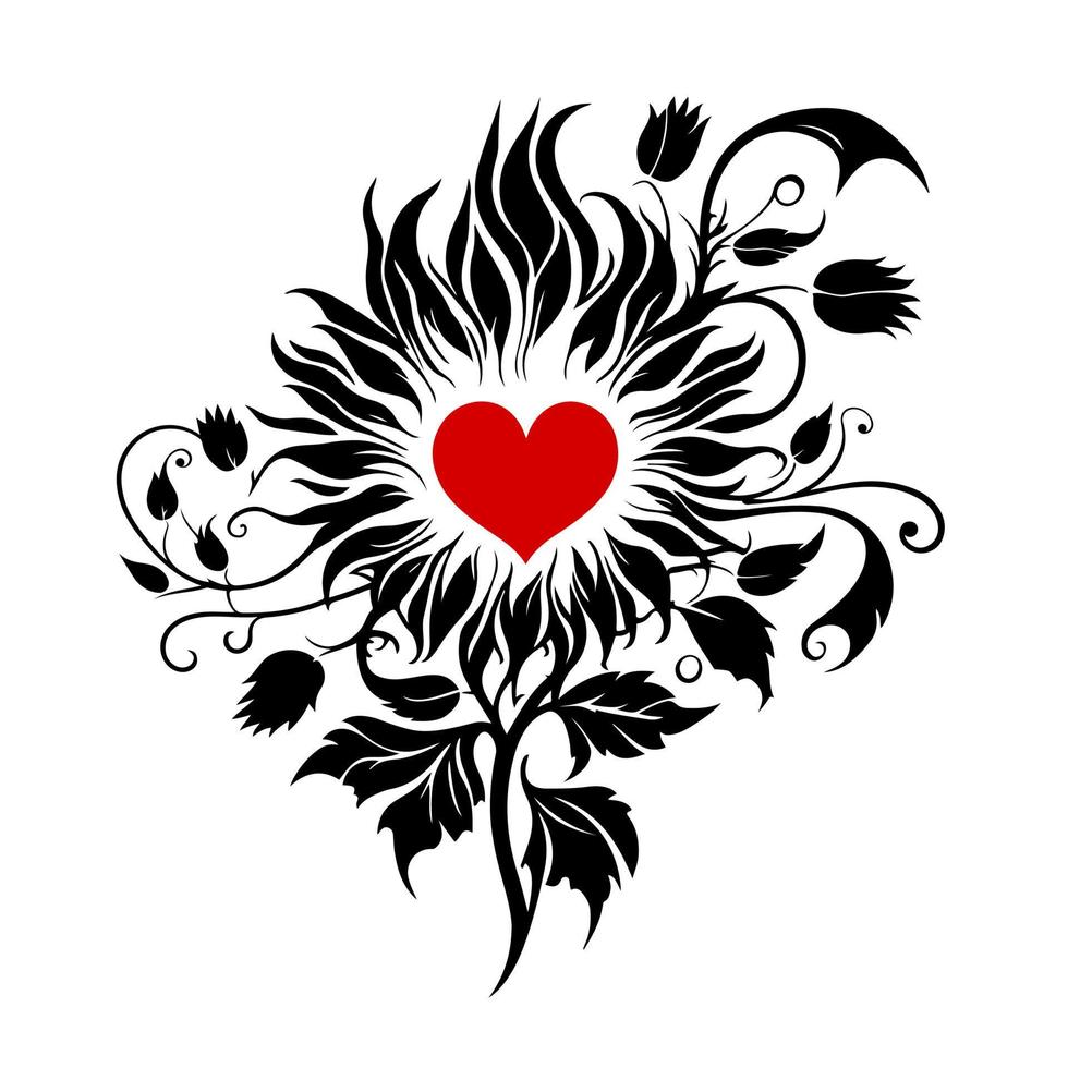Elegant monochrome sunflower with a red heart shape at the center.  Monochrome vector illustration for your design, crafting or embroidery.