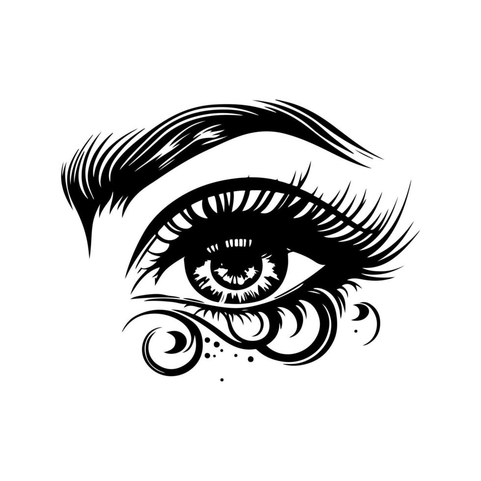 Beautiful female eye with curly long eyelashes. Monochrome vector illustration.