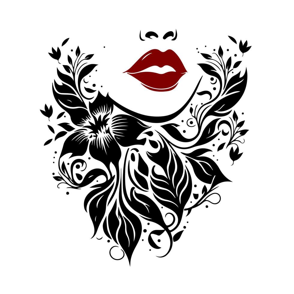 Exquisite floral lip art for beauty, makeup, and cosmetic design. Vector illustration featuring a beautiful woman's lips with intricate floral ornamentation on a clean white background.