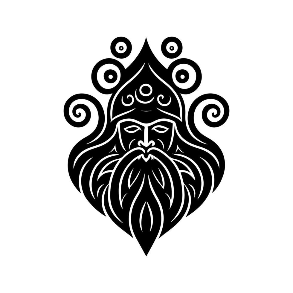 Intricate tattoo-style gnome head silhouette. Vector illustration isolated on a white background, perfect for tattoos, stickers, t-shirts, and other design projects.
