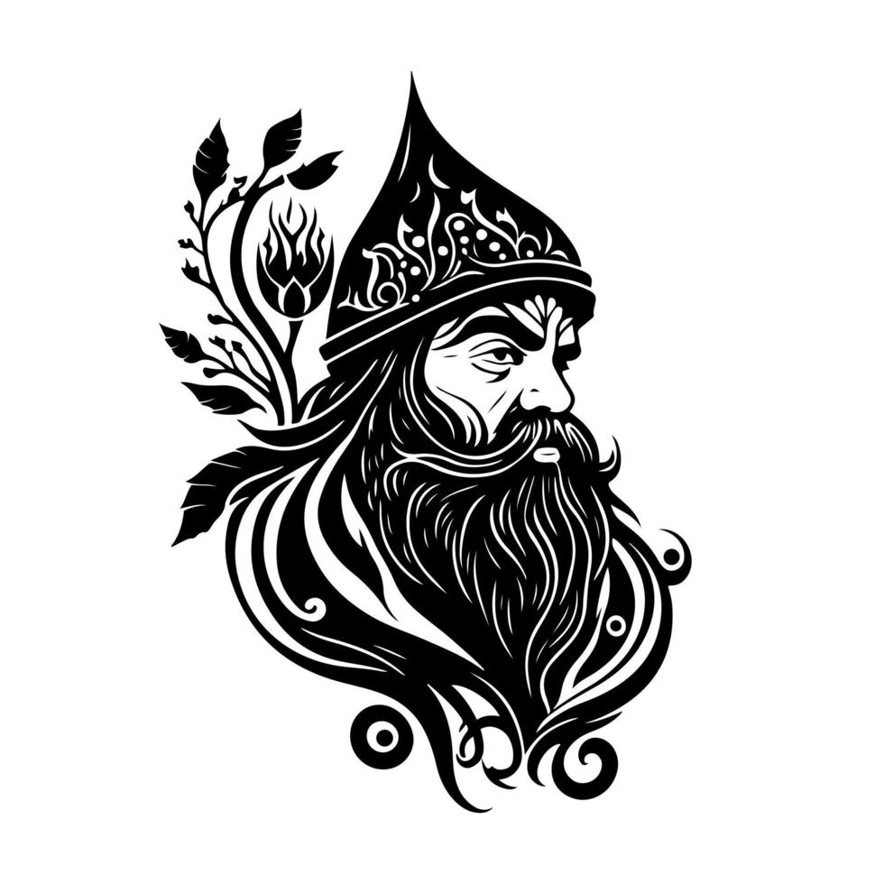 Whimsical gnome with a long beard and helmet surrounded by floral elements. Vector illustration perfect for children's book illustrations, greeting cards, home decor, and more.