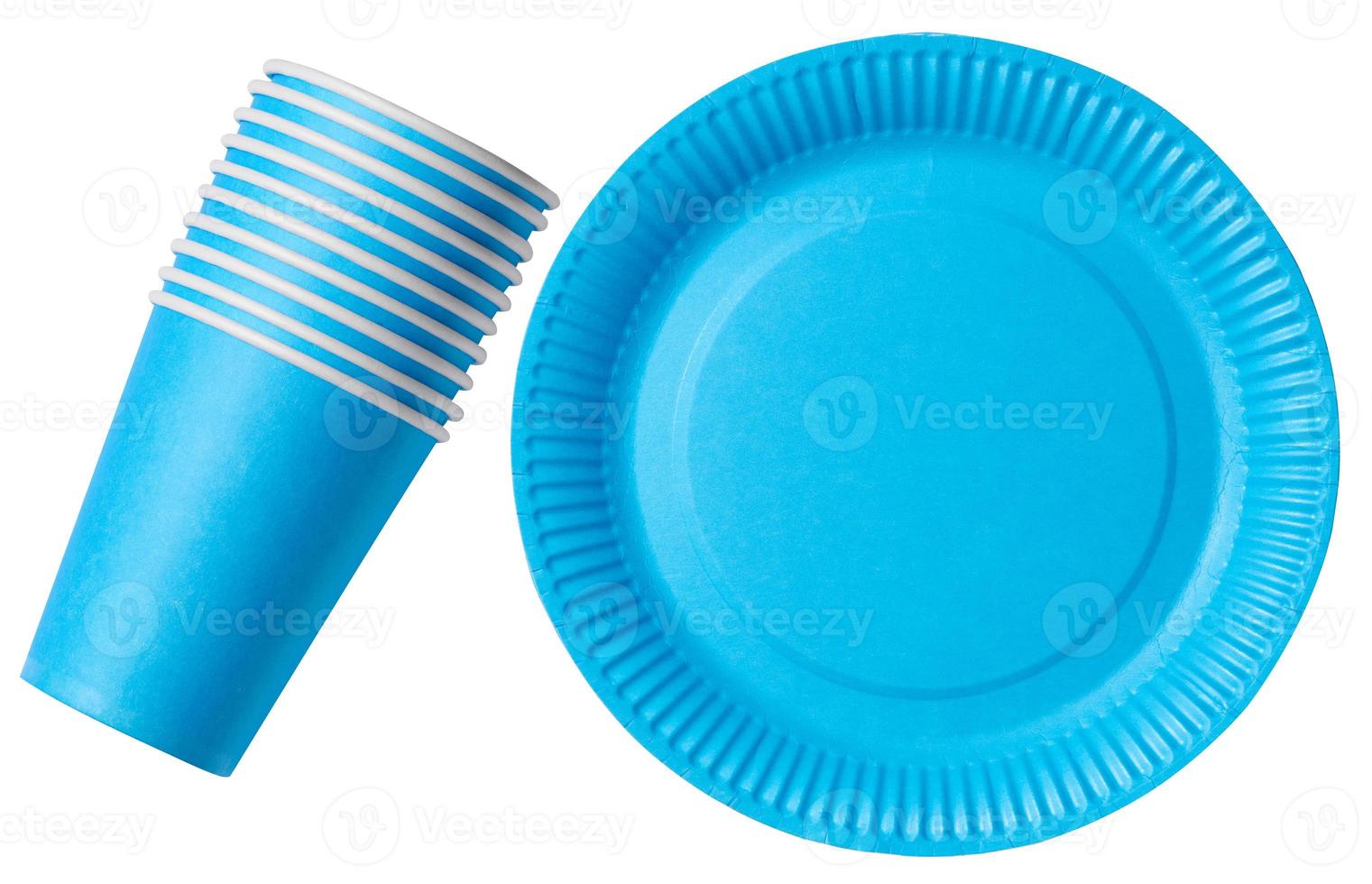 Blue empty paper disposable plate and cups on white isolated background, top view photo