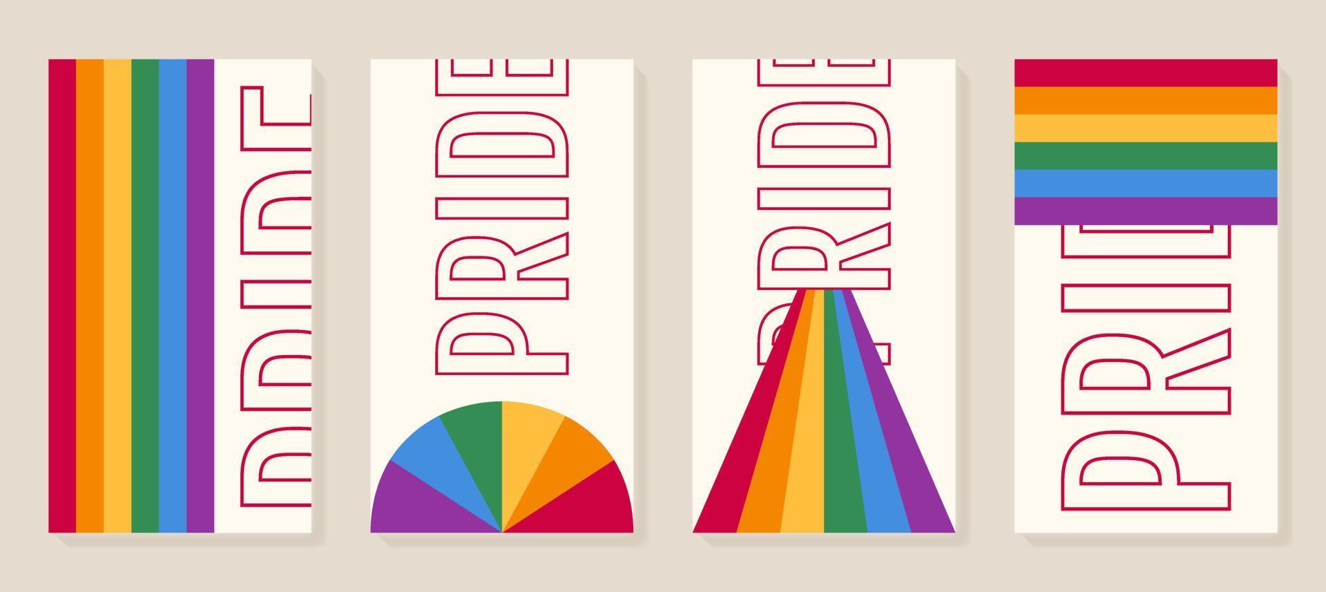 Set of pride month posters with rainbow and word Pride. Vector vertical social media post template or flyers.