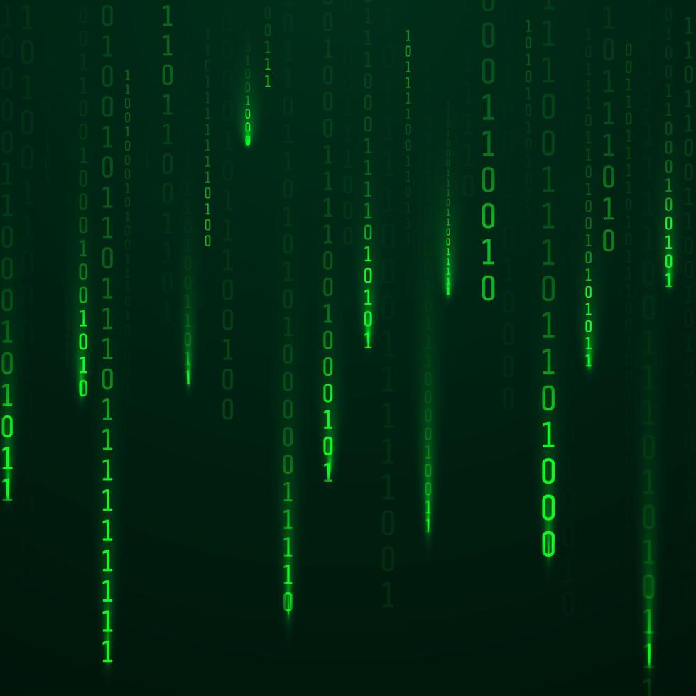 Stream of binary code. Green color code streams glowing on screen. Falling random numbers. Data and technology. Vector illustration