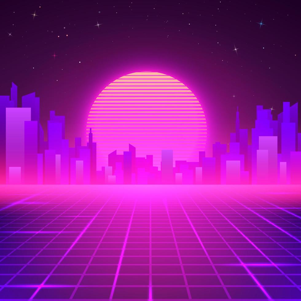 Silhouetted Night City on Skyline. 80s Retro Sci-Fi Background. Futuristic Design in 80s Style. Vector illustration