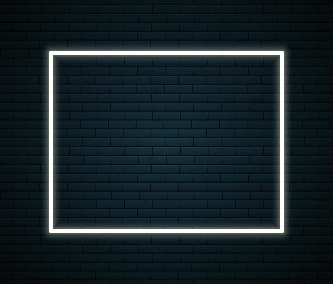 Neon frame with space for text on brick wall. Neon sign on dark background. Vector illustration