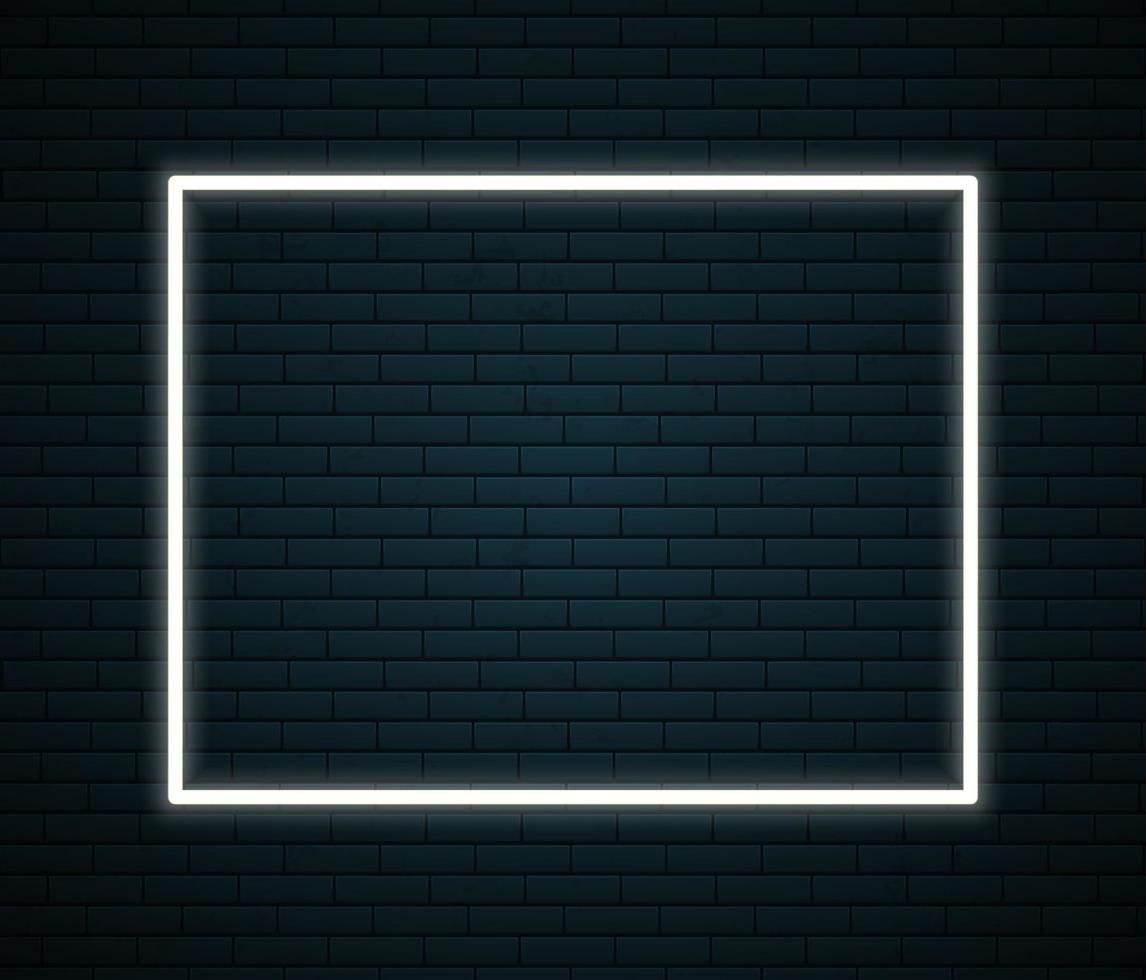 Neon frame with space for text on brick wall. Neon sign on dark background. Vector illustration