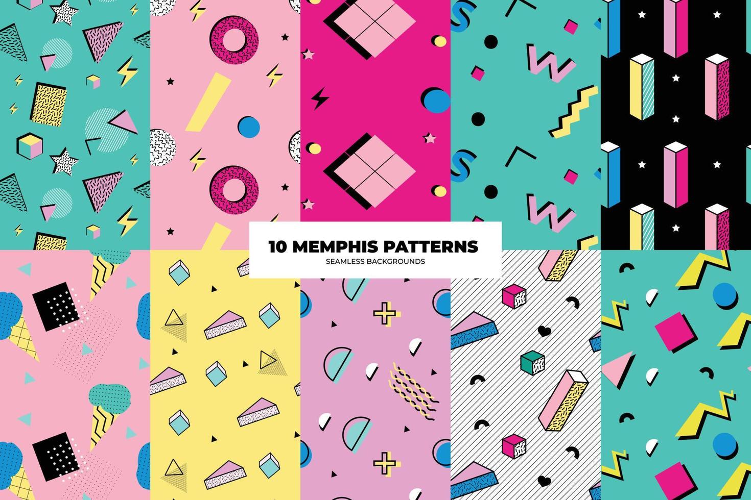 Set of Memphis Pattern. Red, Blue, Yellow, Turquoise Colors. Memphis Style Funky Patterns. Hipster Style 80s-90s. Vector illustration. Suitable for banners, funky posters, flyers, covers.