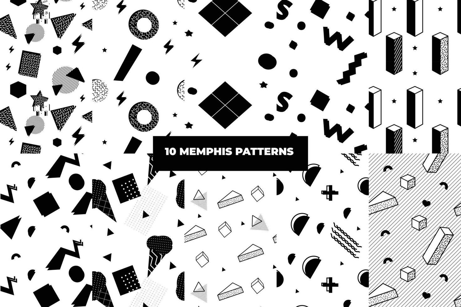 Set of Memphis Pattern. Black, white, grey colors. Memphis Style Funky Patterns. Hipster Style 80s-90s. Vector illustration. Suitable for banners, funky posters, flyers, covers.