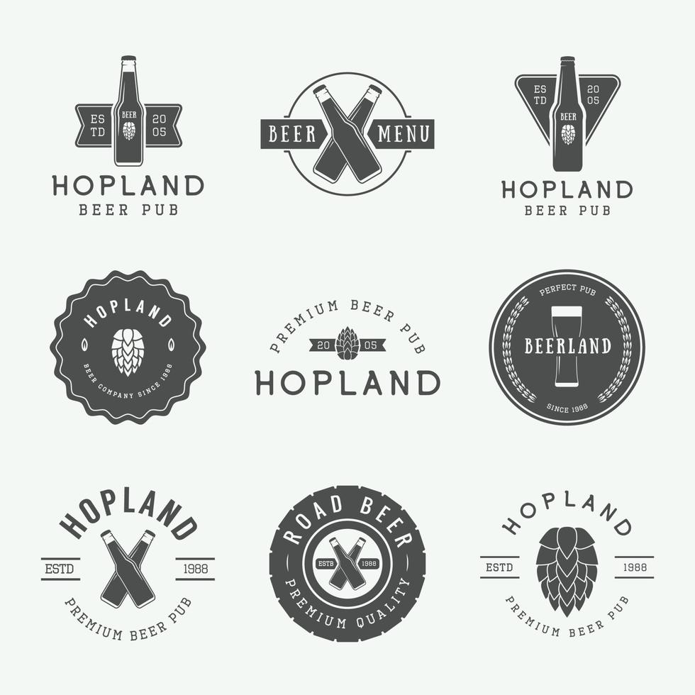 Set of vintage beer and pub logos, labels and emblems with bottles, hops, wheat and design elements vector