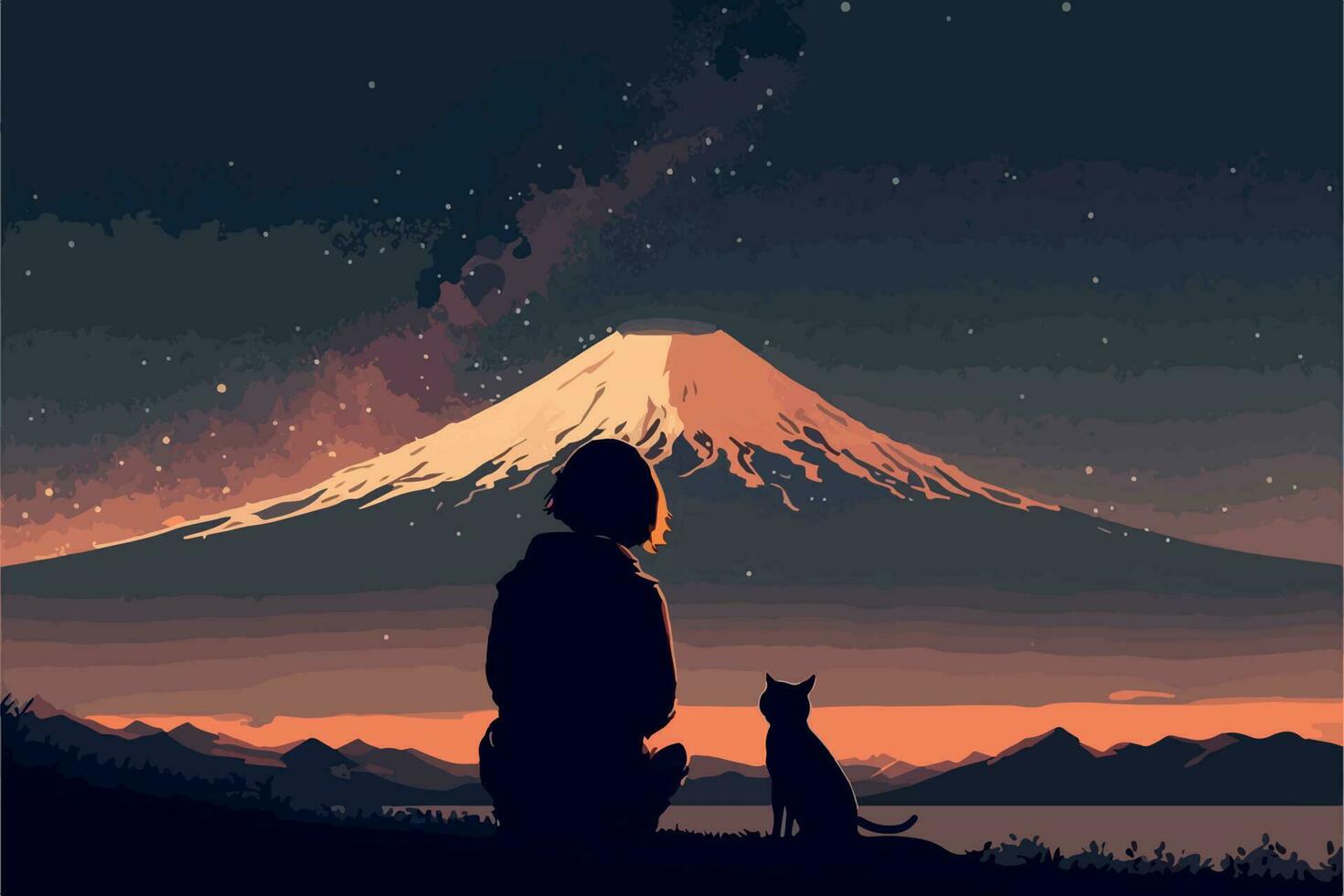 Girl looking at the mount fuji during the night. Vector art of anime woman stargazing. Beautiful