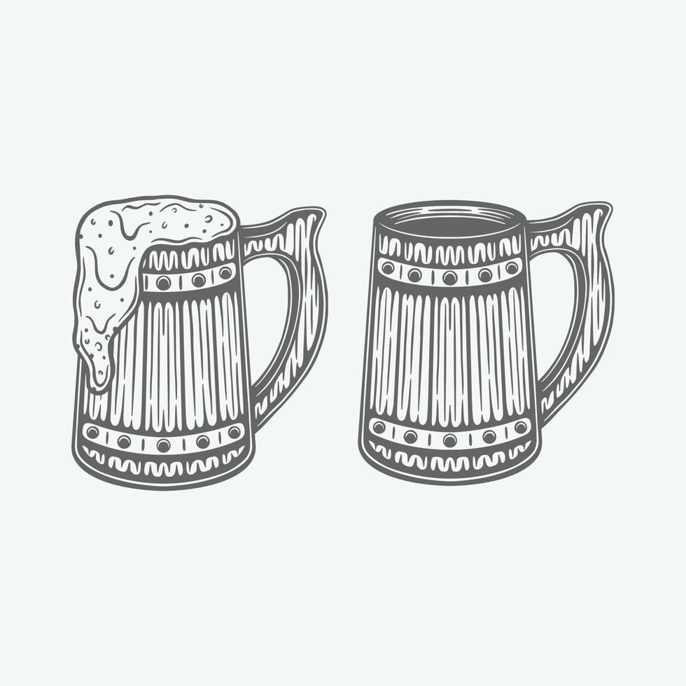Vintage retro woodcut engraving wooden beer mugs. Can be used like emblem, logo, badge, label. mark, poster or print. Monochrome Graphic Art. Vector Illustration.