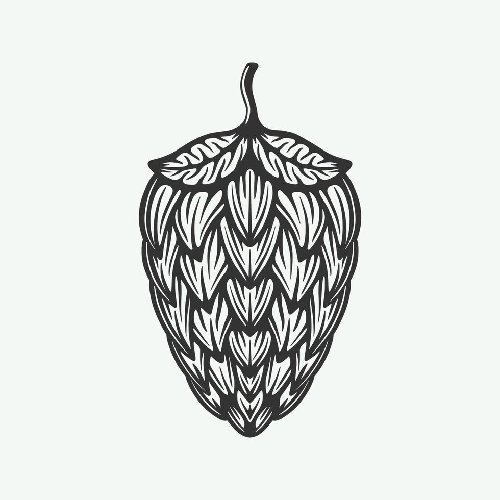 Vintage retro beer hops plant. Can be used like emblem, logo, badge, label or mark. Also can be used like poster or print. Monochrome Graphic Art. Vector Illustration.