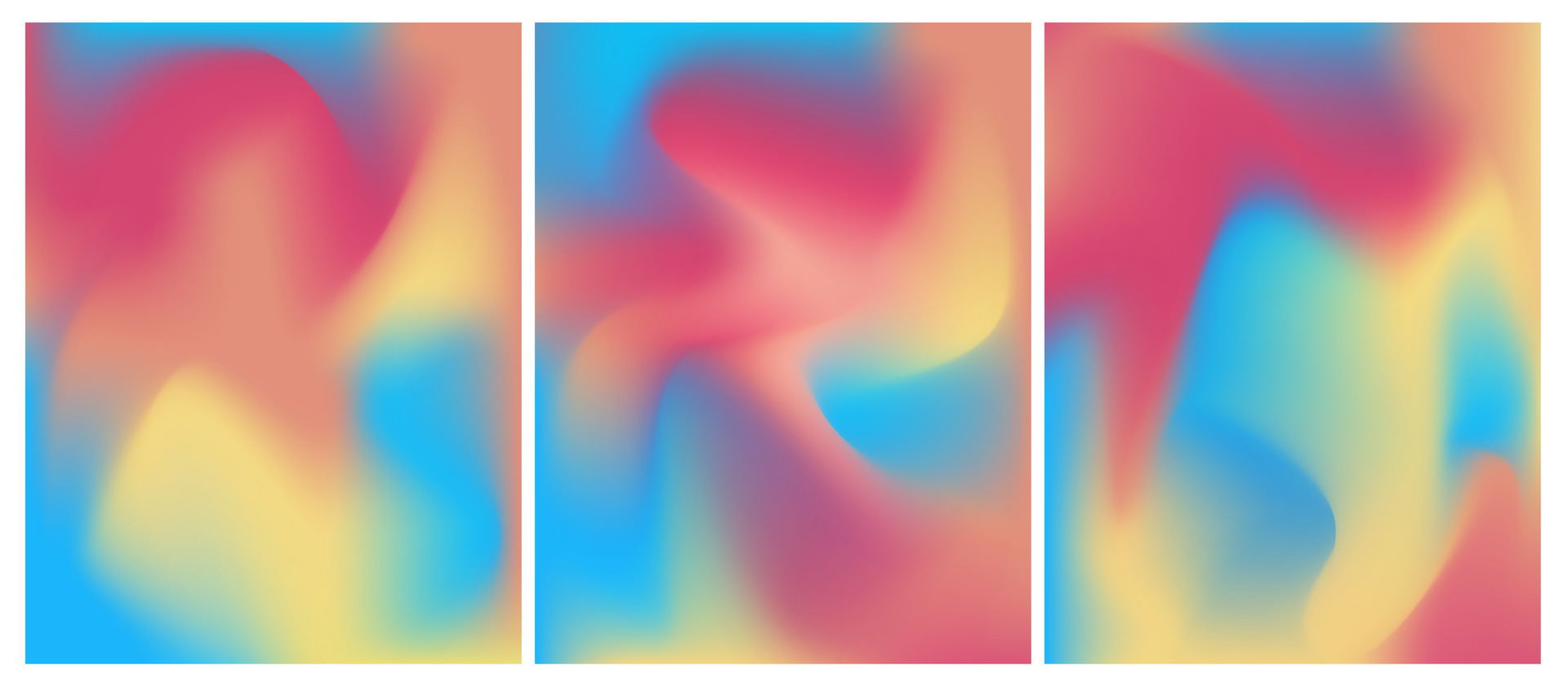 Set three vibrant mesh gradient backgrounds with blue red yellow colors