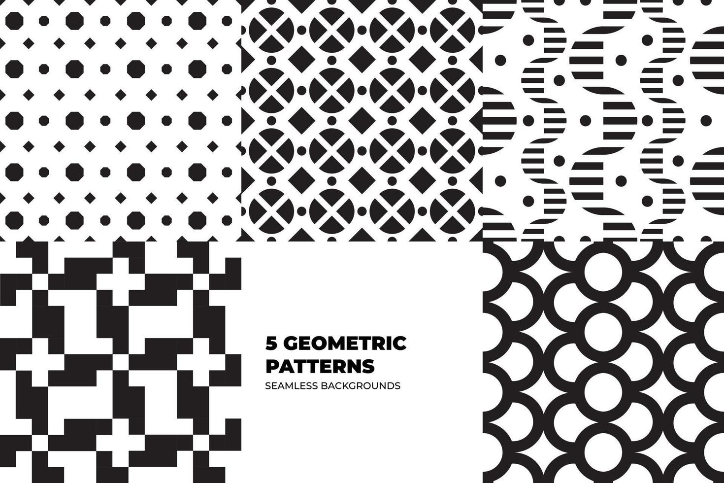 Set of vector fashion geometric seamless patterns. Flat repeated trendy elements in black, white, memphis style. For package, wallpaper, textile, your design. Vector illustration