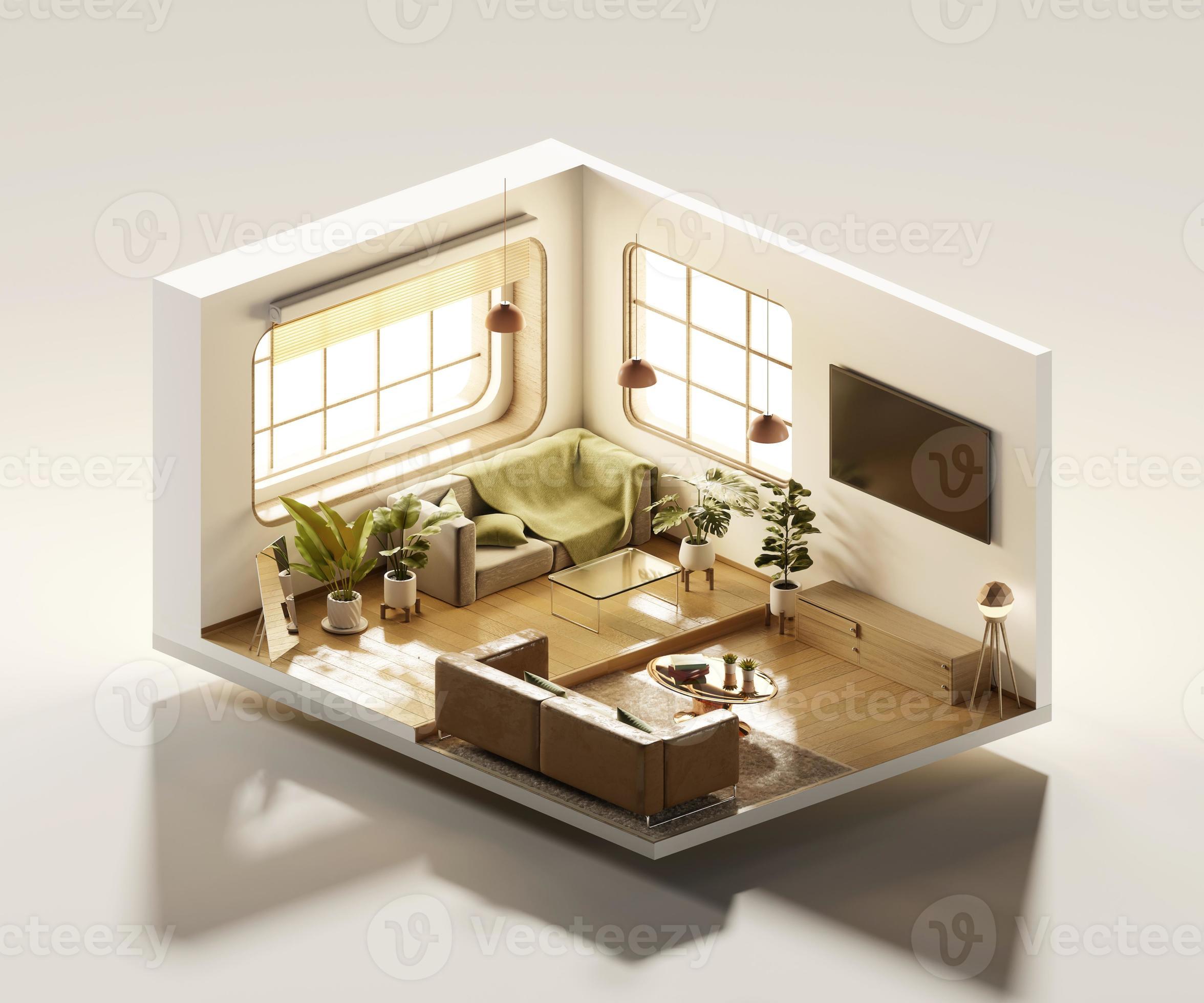 Isometric view living room muji style open inside interior architecture ...