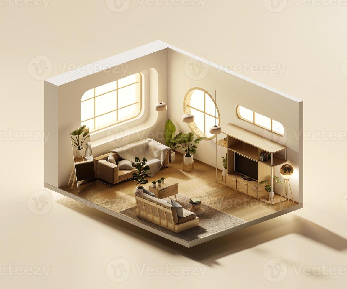 Isometric view living room muji style open inside interior architecture ...