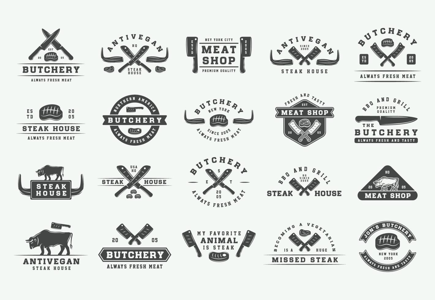 Set of vintage butchery meat, steak or bbq logos, emblems, badges, labels. Graphic Art. Illustration. Vector. vector