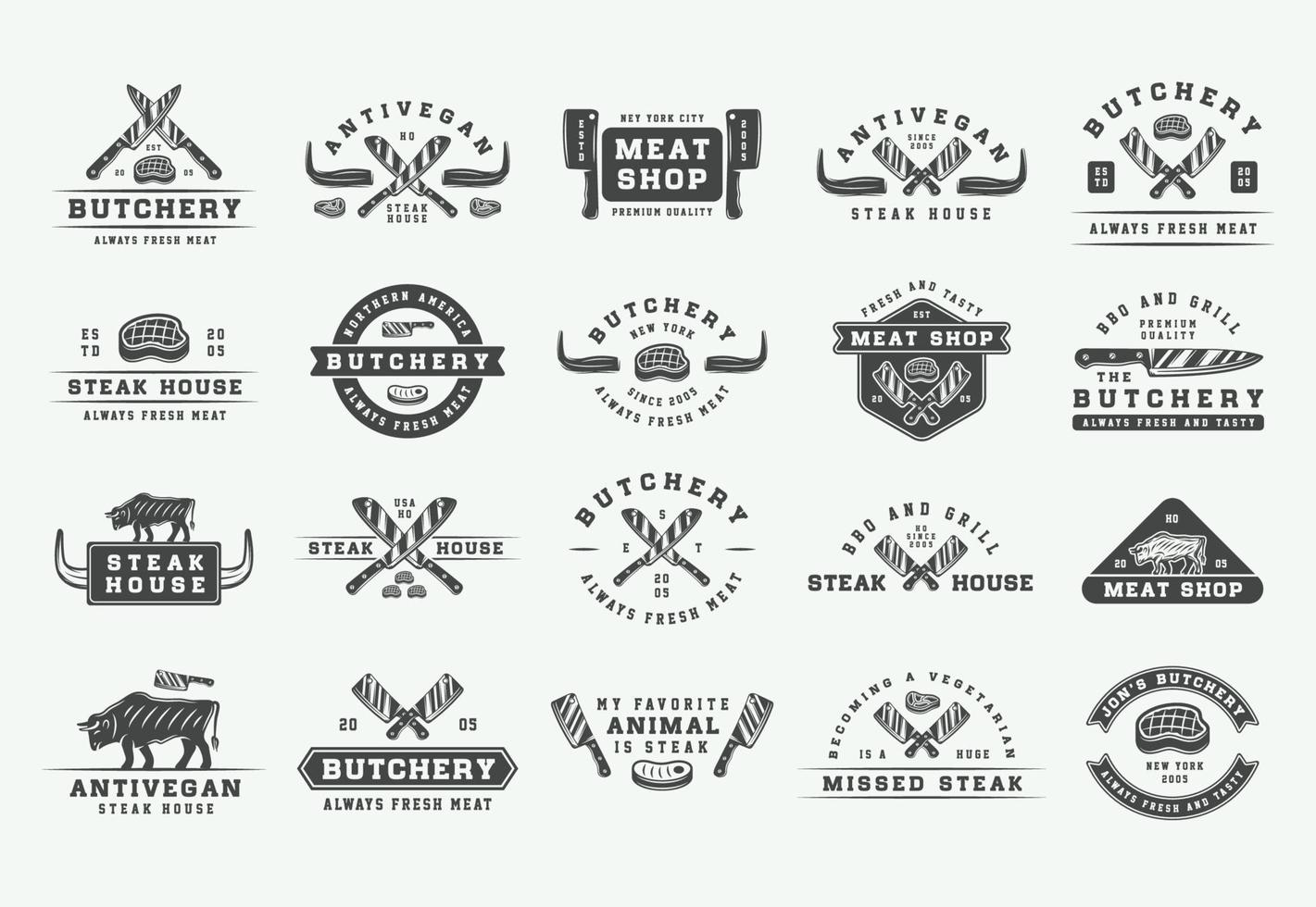 Set of vintage butchery meat, steak or bbq logos, emblems, badges, labels. Graphic Art. Illustration. Vector. vector