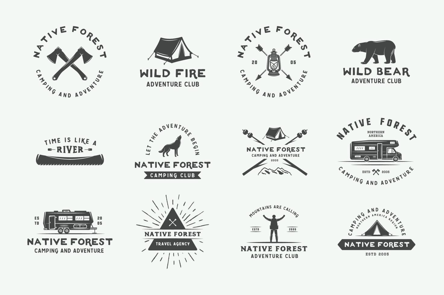 conjunto de logotipos, insignias, etiquetas, emblemas, marcas y elementos de diseño antiguos para acampar al aire libre y aventuras. arte Grafico. ilustración vectorial vector
