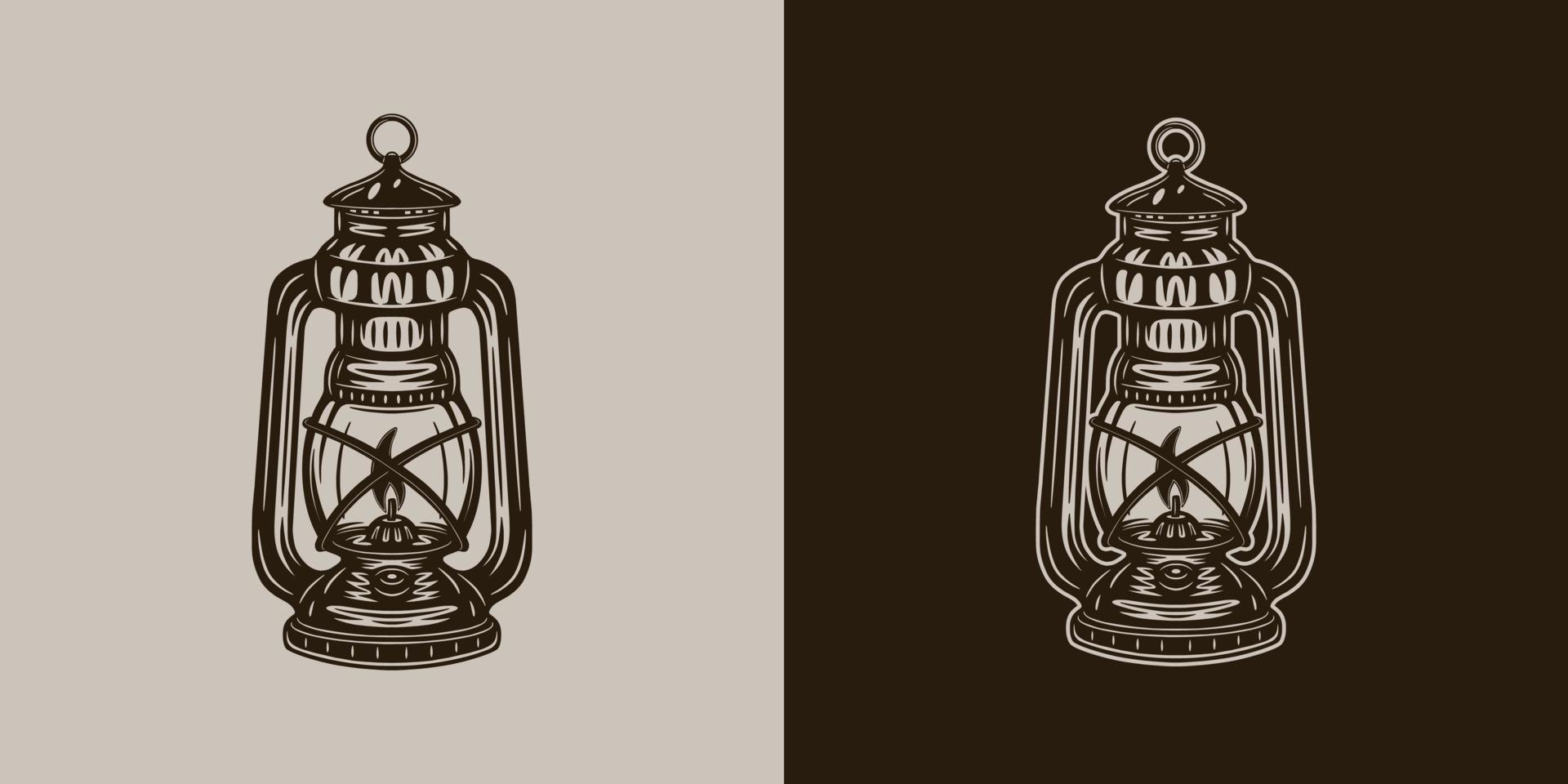 Vintage retro camping adventure travel outdoor element. Light fire lamp. Can be used for emblem, logo, badge, label. mark, poster or print. Monochrome Graphic Art vector