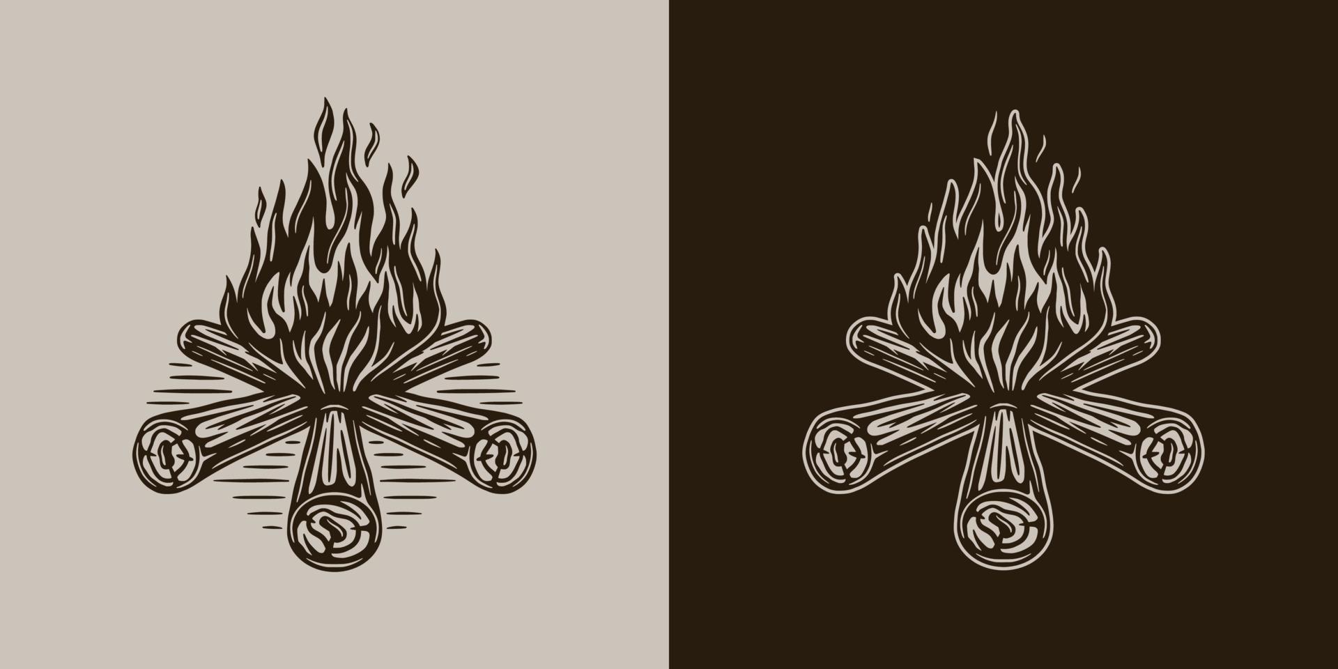 Vintage retro camping adventure travel outdoor element. Camping fire. Can be used for emblem, logo, badge, label. mark, poster or print. Monochrome Graphic Art vector
