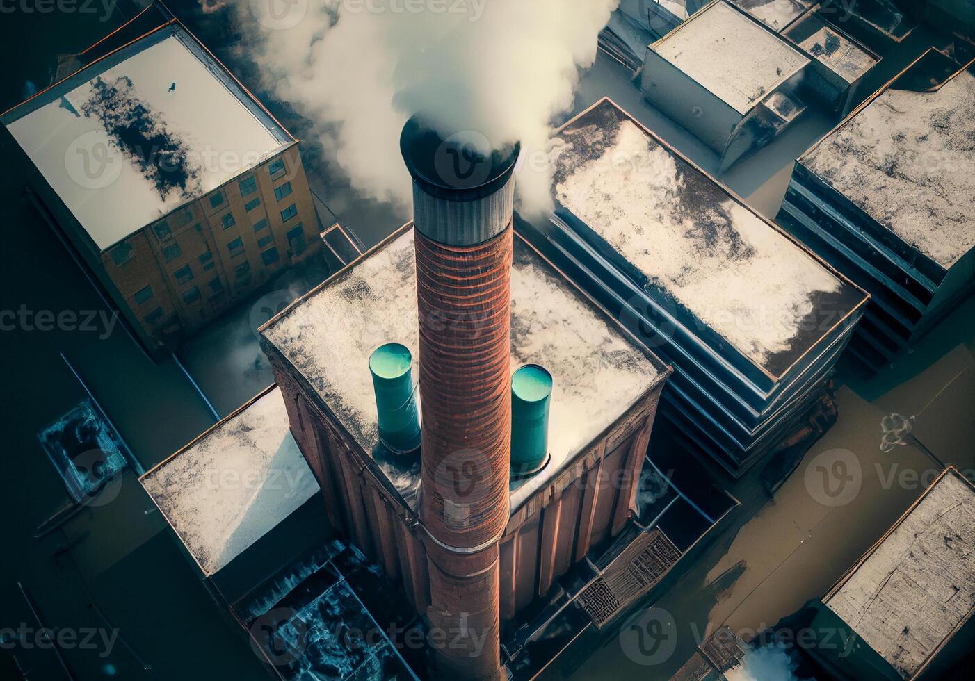 factory chimney with white smoke top view. photo