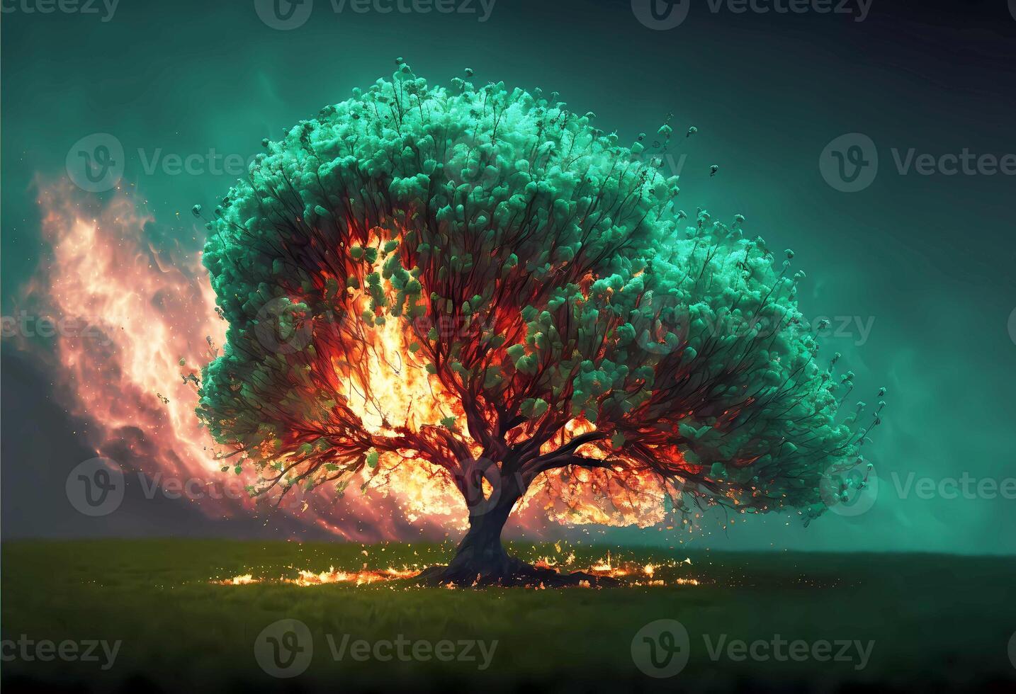 burning tree in the field. forest fire. photo