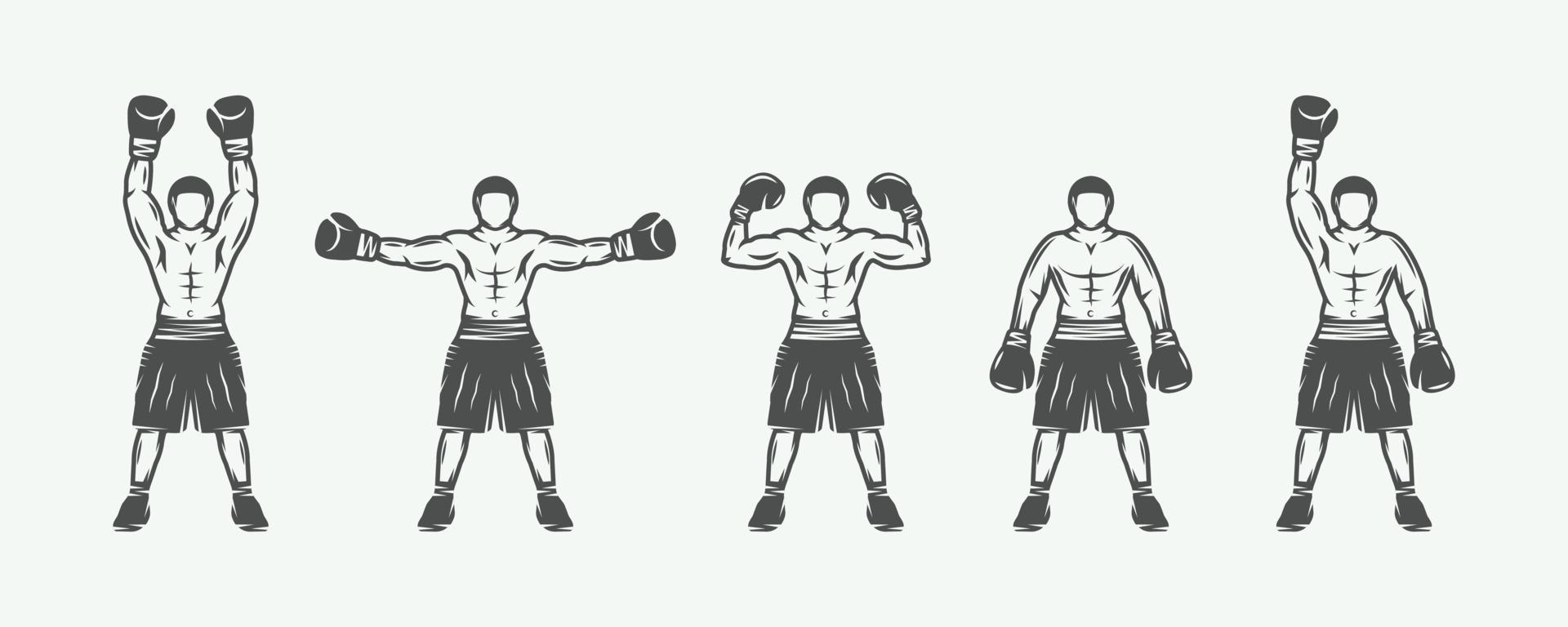 Set of vintage retro boxing and fighting elements. Can be used for logo, emblem, badge, mark or label. Vector Illustration.