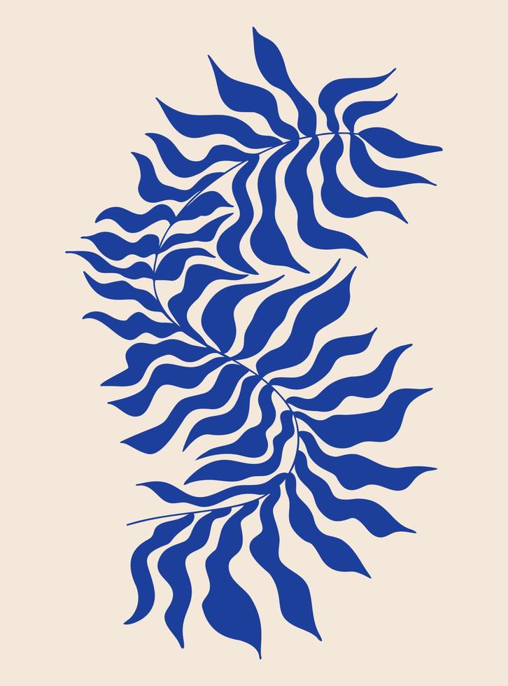 Curved branch with leaves. Matisse Abstract Art. Poster aesthetic modern, minimalist art. Vector vertical illustration, hand drawing.