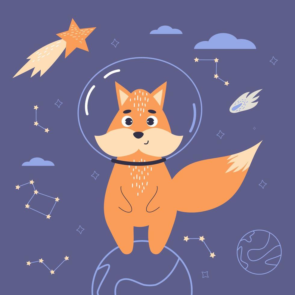 Cute astronaut fox in space on blue background with stars, planets and meteorite. Vector illustration for baby collection, design, decor, cards and print.
