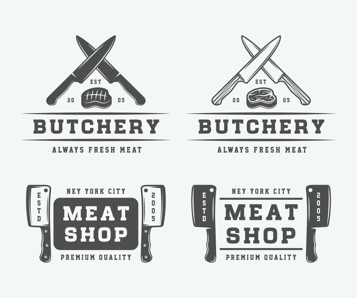 Set of vintage butchery meat, steak or bbq logos, emblems, badges, labels. Monochrome Graphic Art. Vector Illustration.