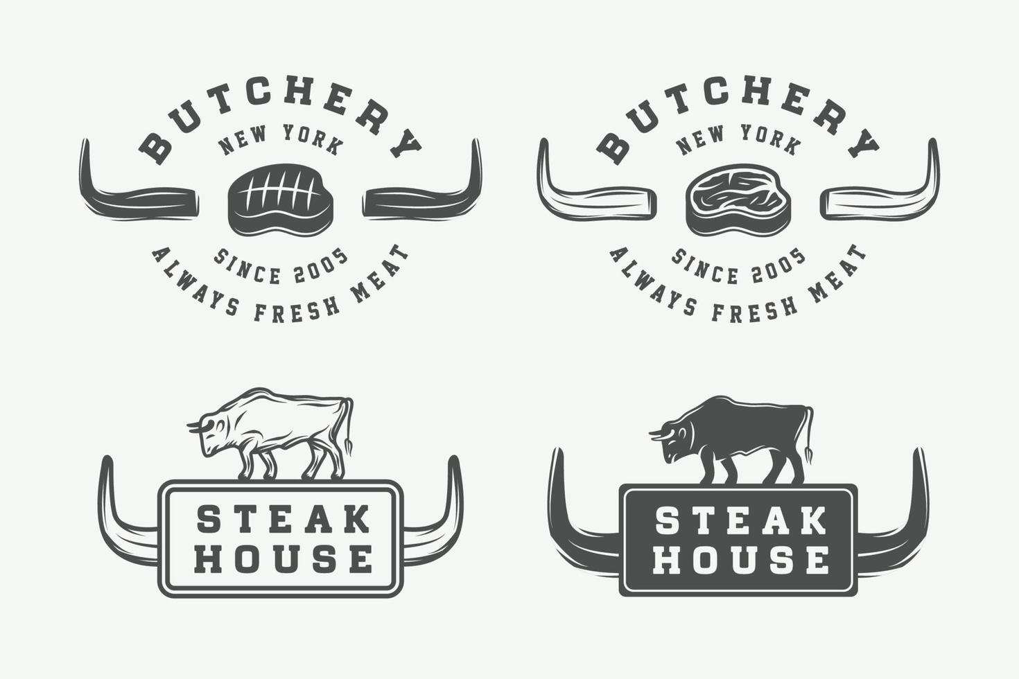 conjunto de logotipos, emblemas, insignias, etiquetas de carne de carnicería vintage, bistec o barbacoa. arte gráfico monocromático. ilustración vectorial vector