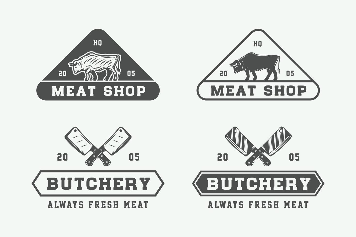 conjunto de logotipos, emblemas, insignias, etiquetas de carne de carnicería vintage, bistec o barbacoa. arte gráfico monocromático. ilustración vectorial vector