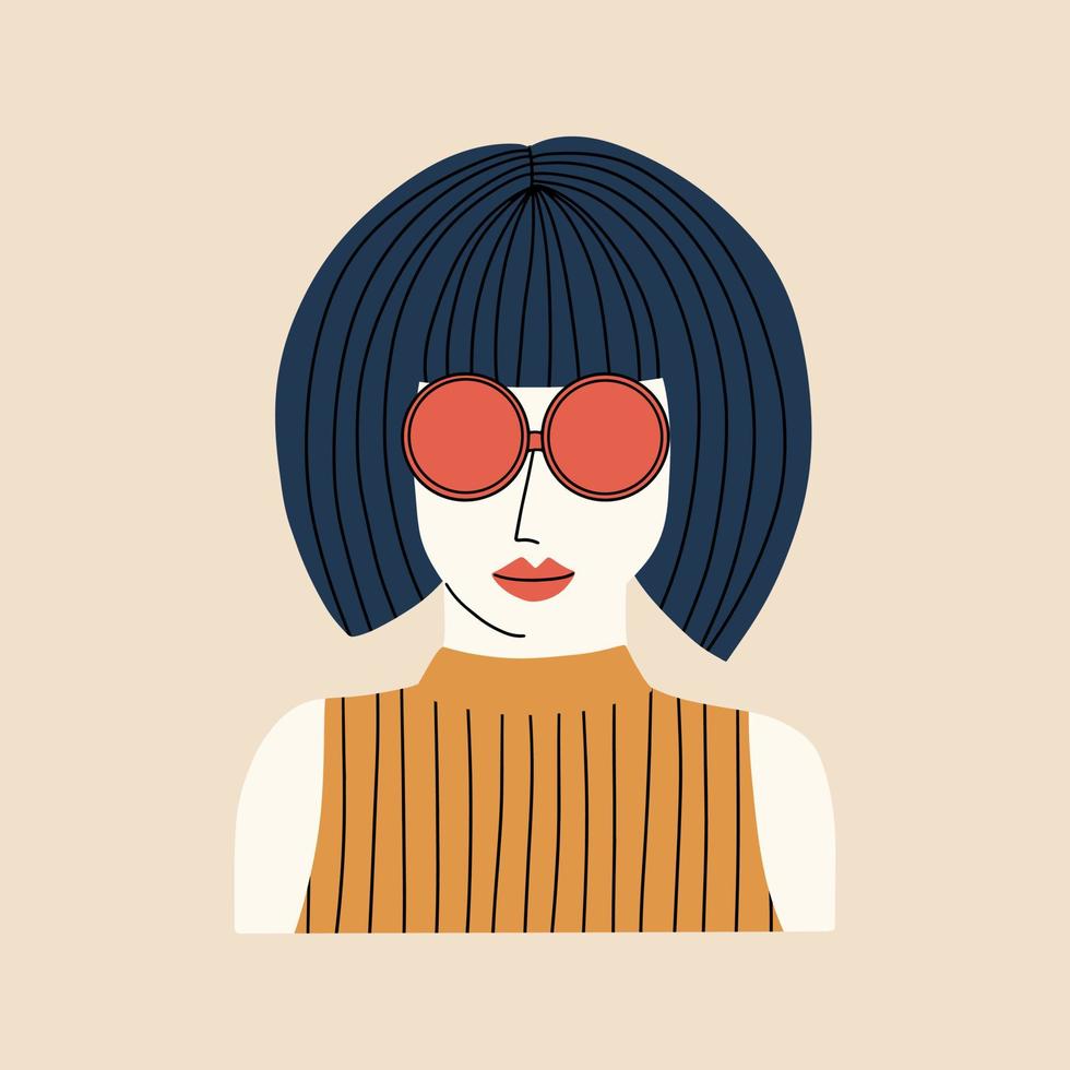 Young woman in 90s, 70s style. Vector illustration in hand drawn style