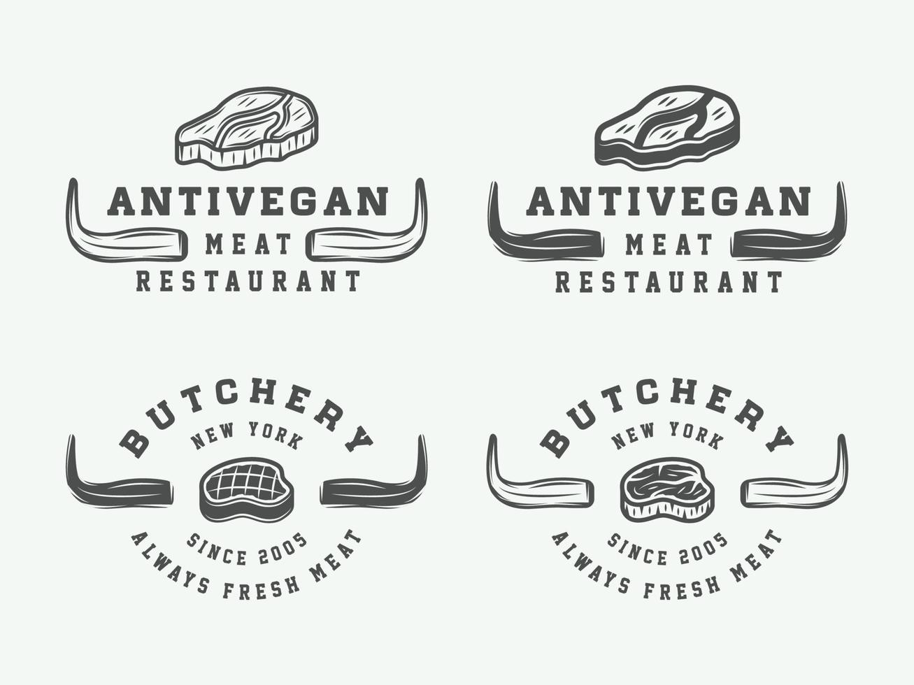 Set of vintage butchery meat, steak or bbq logos, emblems, badges, labels. Monochrome Graphic Art. Vector Illustration.