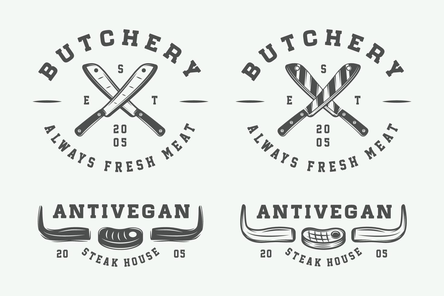 Set of vintage butchery meat, steak or bbq logos, emblems, badges, labels. Monochrome Graphic Art. Vector Illustration.