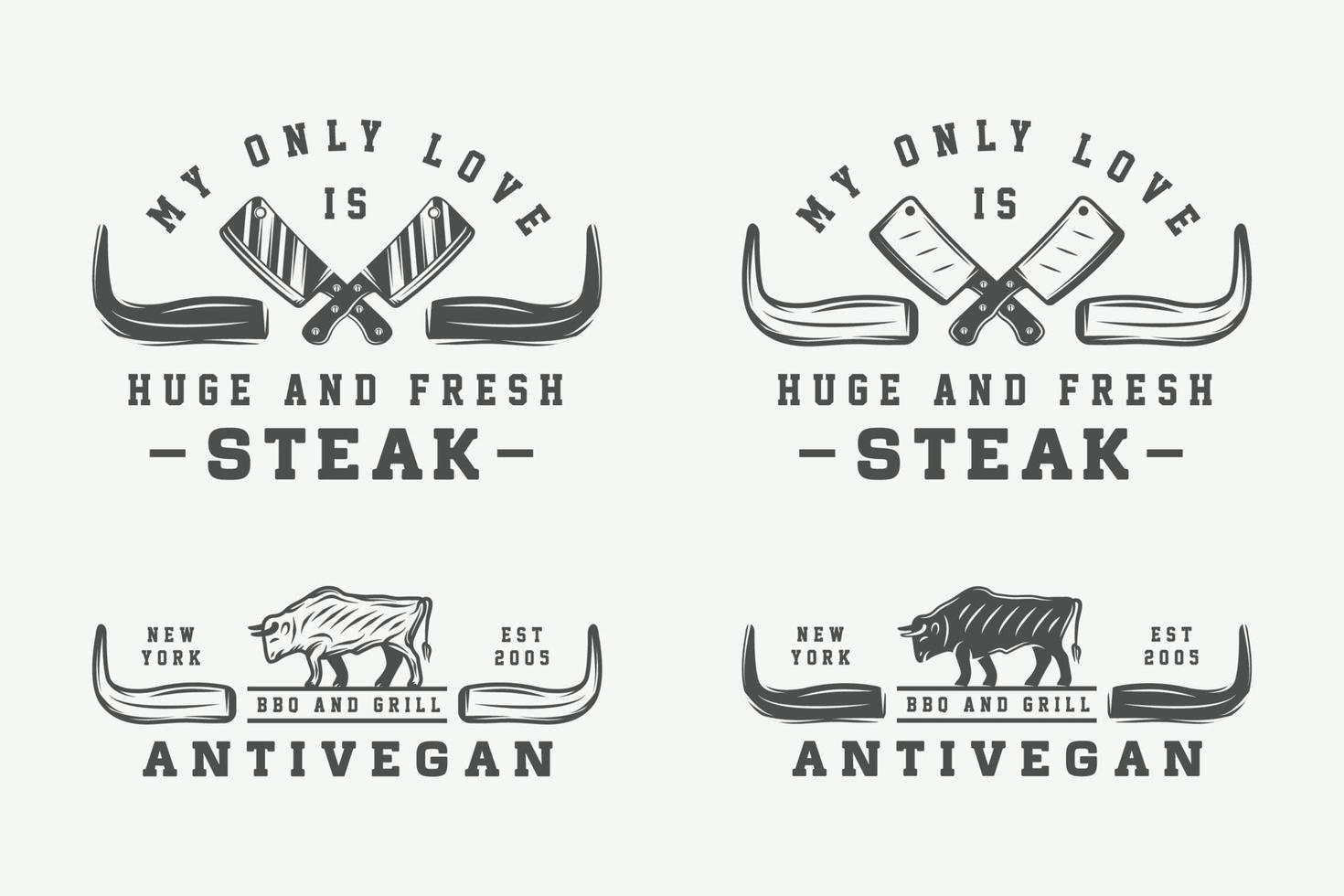 Set of vintage butchery meat, steak or bbq logos, emblems, badges, labels. Monochrome Graphic Art. Vector Illustration.