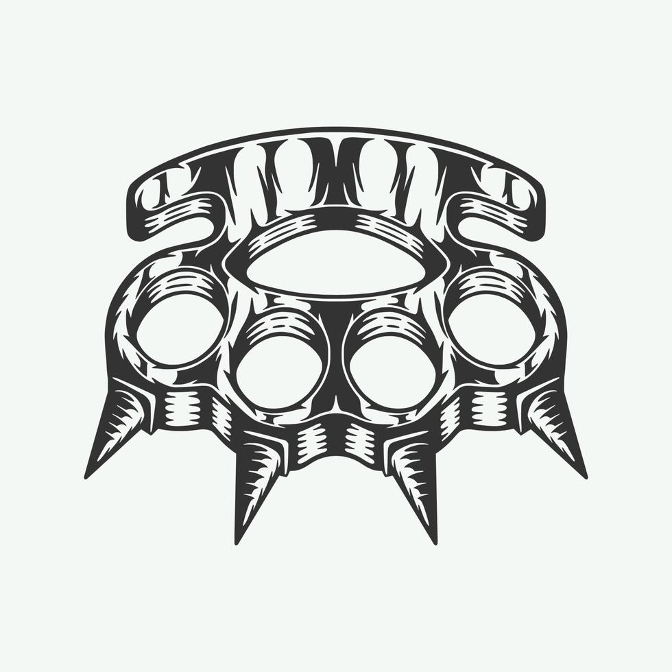 Vintage retro woodcut criminal brass knuckle weapon. Can be used like emblem, logo, badge, label. mark, poster or print. Monochrome Graphic Art. Vector Illustration.
