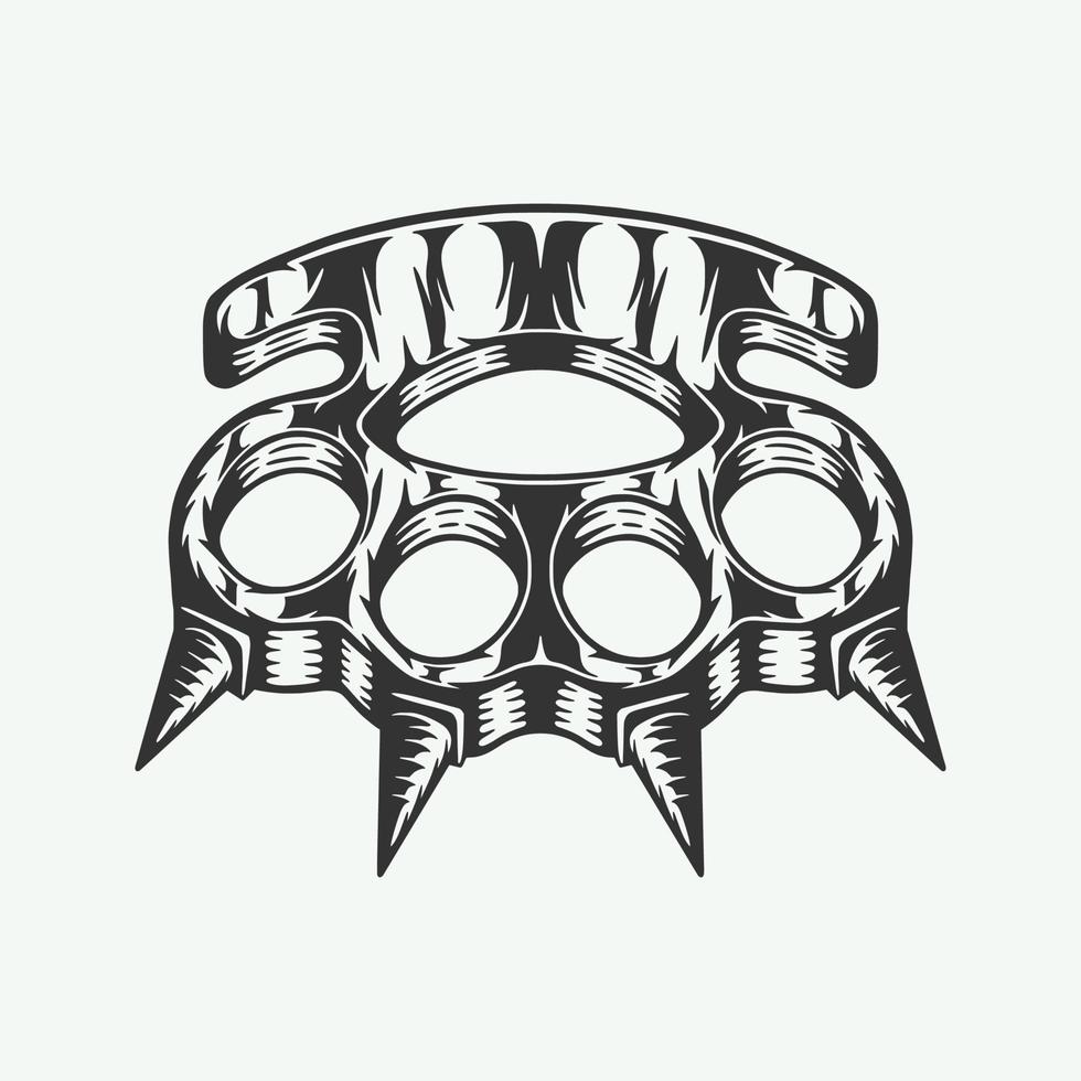 Vintage retro woodcut criminal brass knuckle weapon. Can be used like emblem, logo, badge, label. mark, poster or print. Monochrome Graphic Art. Vector Illustration.