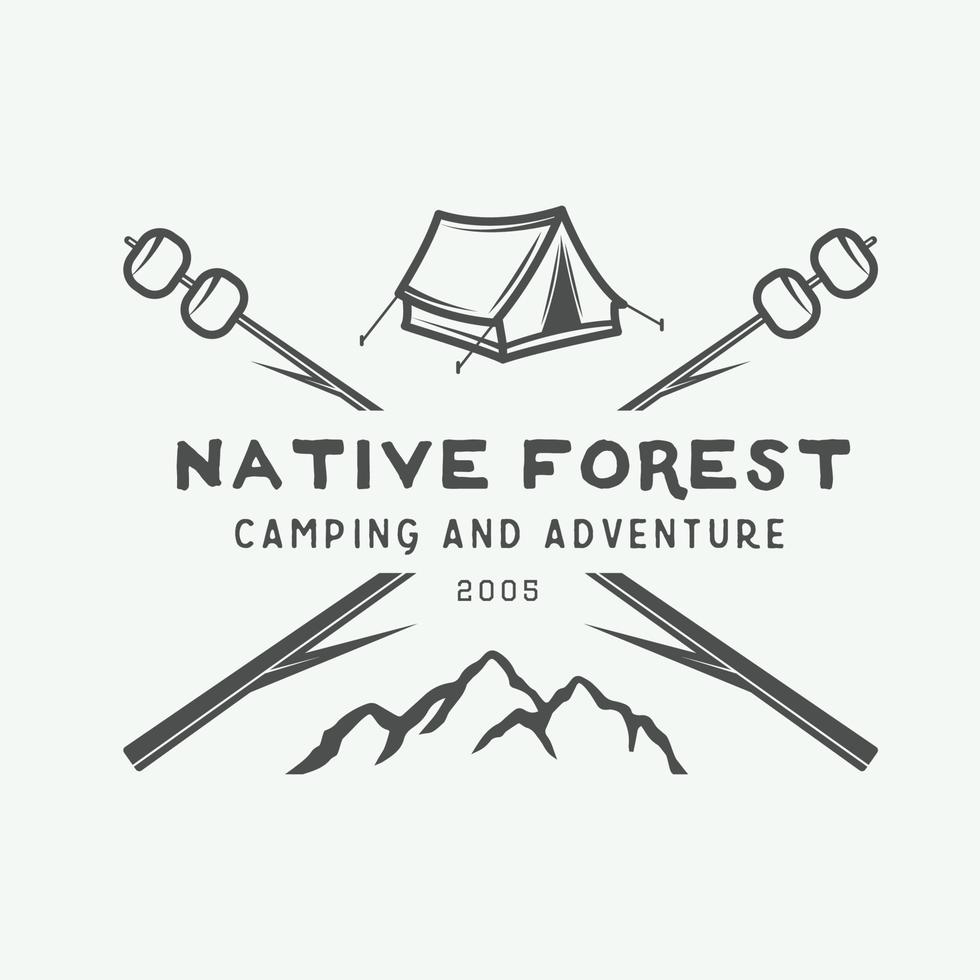 Vintage camping outdoor and adventure logo, badge, label, emblem, mark . Vector illustration. Monochrome Graphic Art.