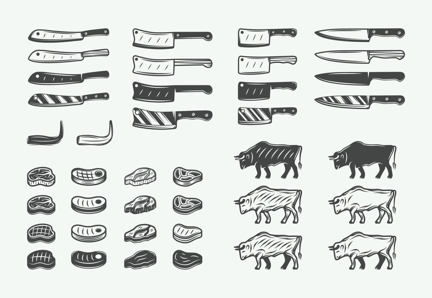 Set of vintage retro butchery bbq elements. Can be used for logos, emblems, badges, labels. Graphic Art. Illustration. Vector. vector