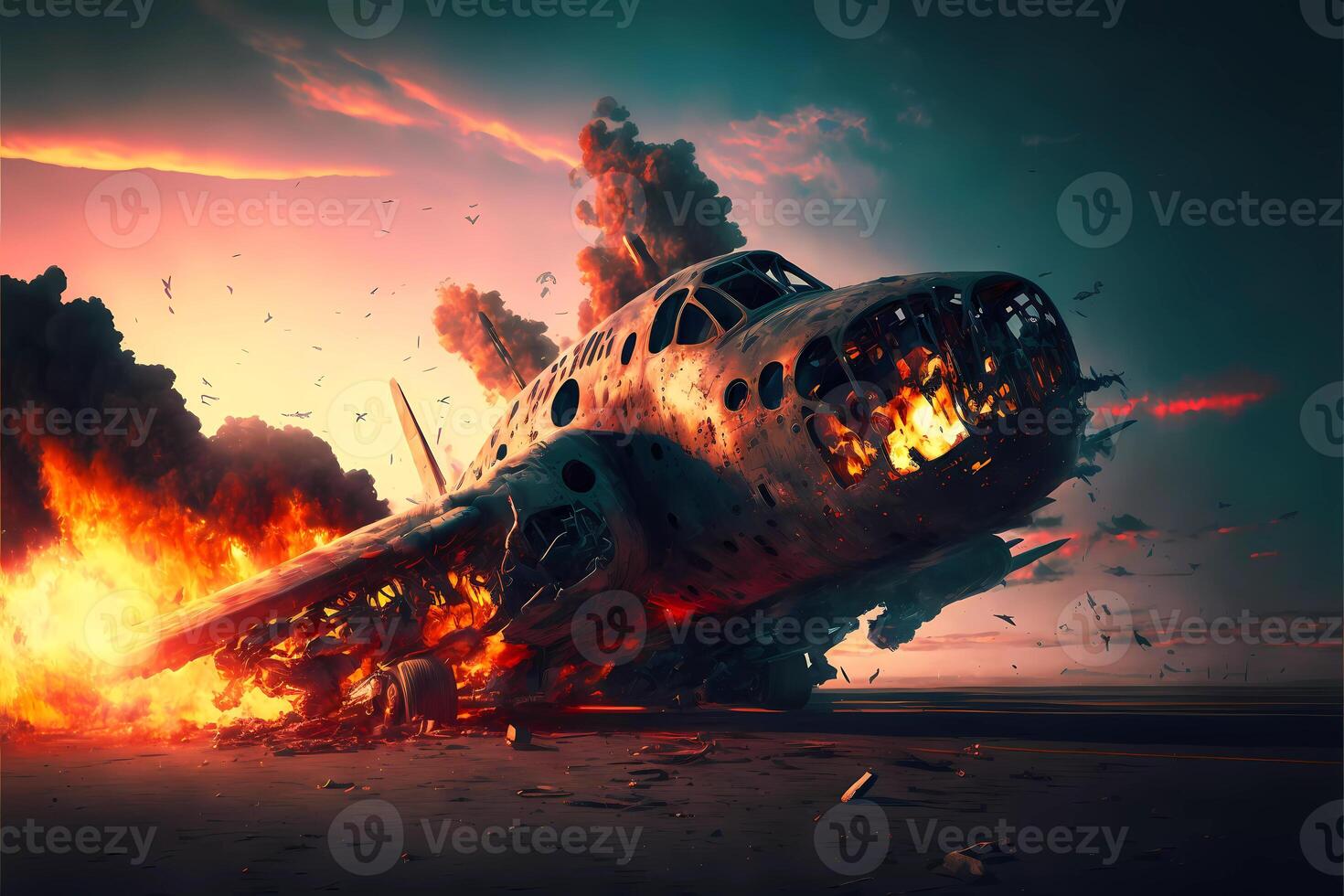 plane crash in the sky. burning vehicle. photo