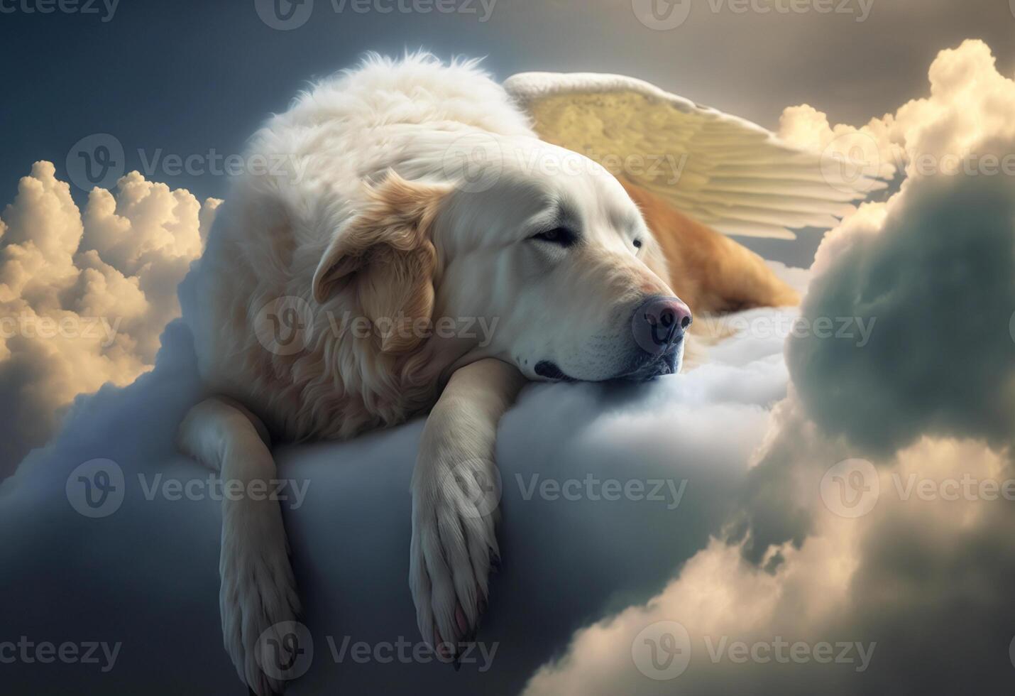 sleeping dog on a cloud. heaven for dogs. pet death. photo