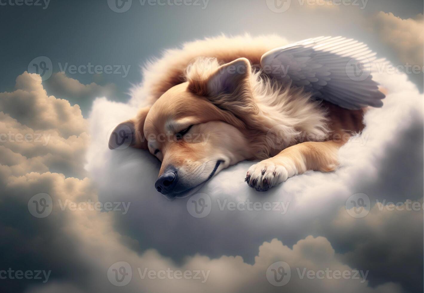 dormido perro en un nube. cielo para perros. mascota muerte. ai generado foto