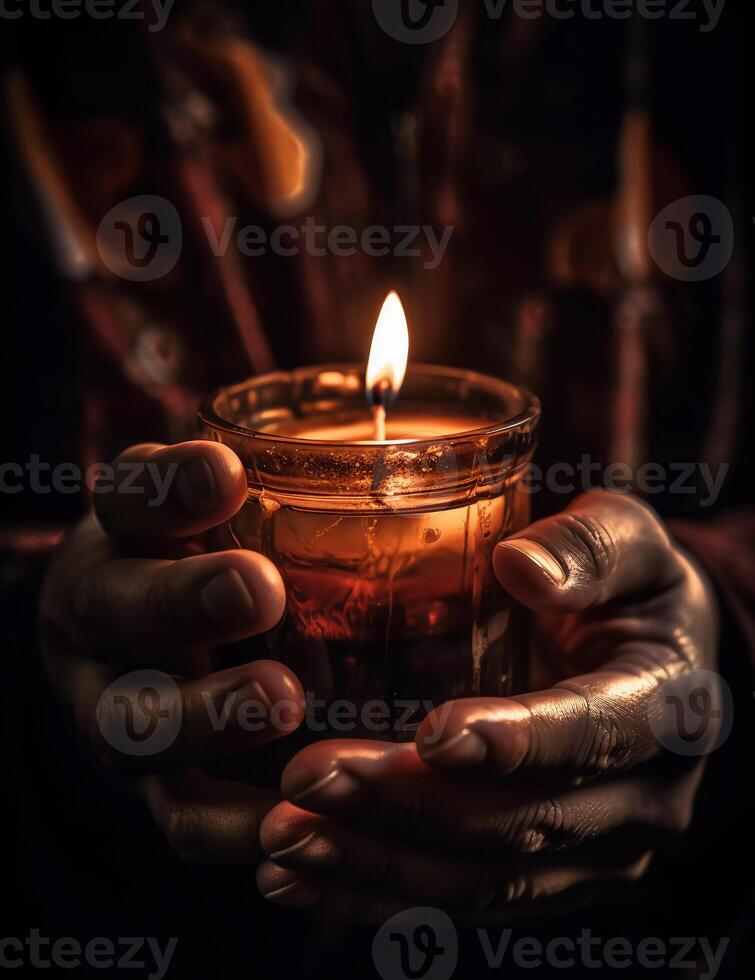 burning candle in hands. illustration for a tragic situation. photo