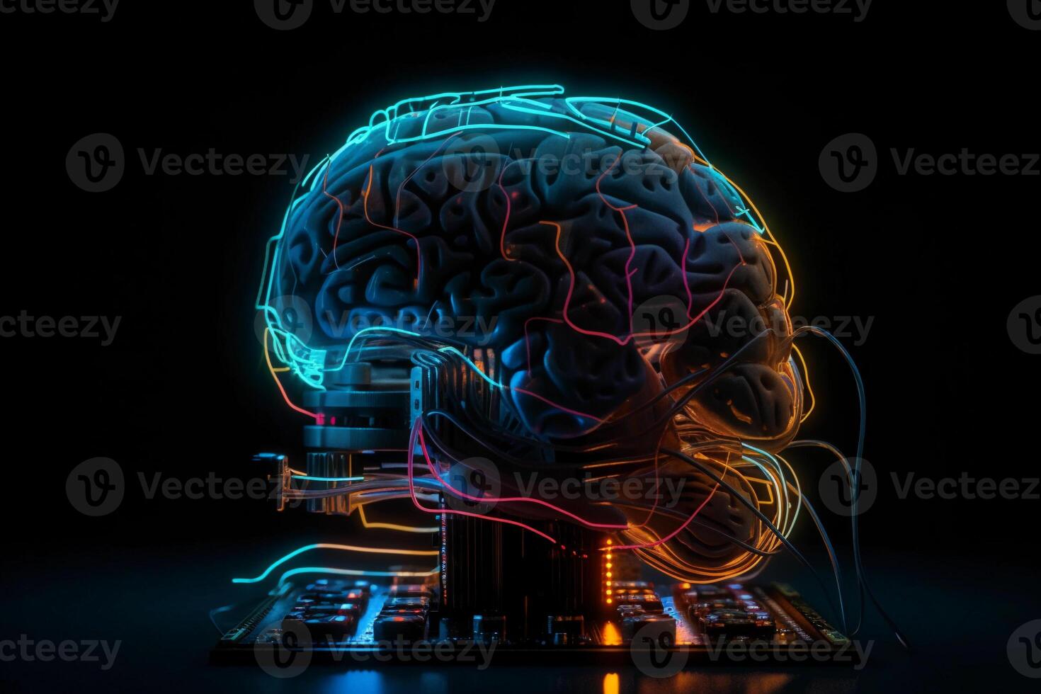 brain with neon streaks. human brain activity. photo