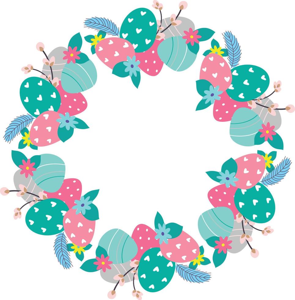 Easter flower wreath . Festive Easter frame with decorated eggs and flowers and symbols of bright Easter vector